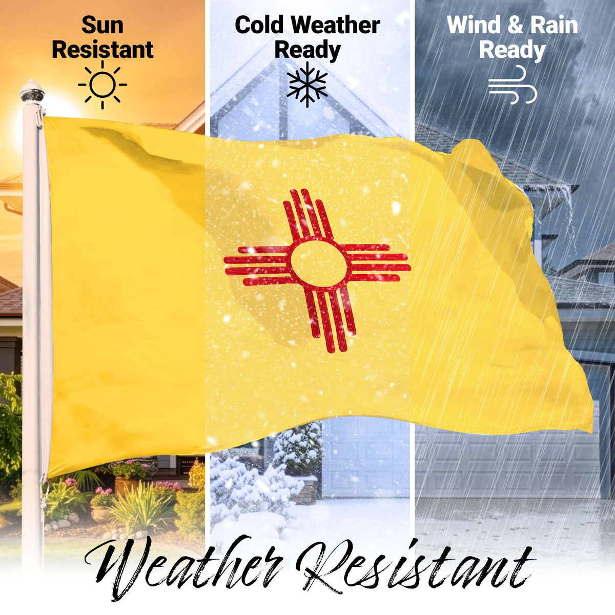 G128 New Mexico State Flag | 2.5x4 Ft | StormFlyer Series Embroidered 220GSM Spun Polyester | Embroidered Design, Indoor/Outdoor, Brass Grommets, Heavy Duty, All Weather