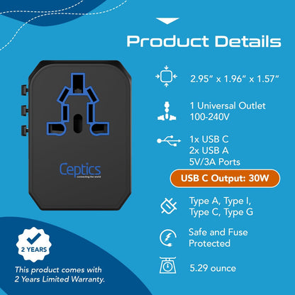 All-In-One International Travel Plug Adapter - USB C (PD-QC) - 2 USB Ports (UP-10KU)