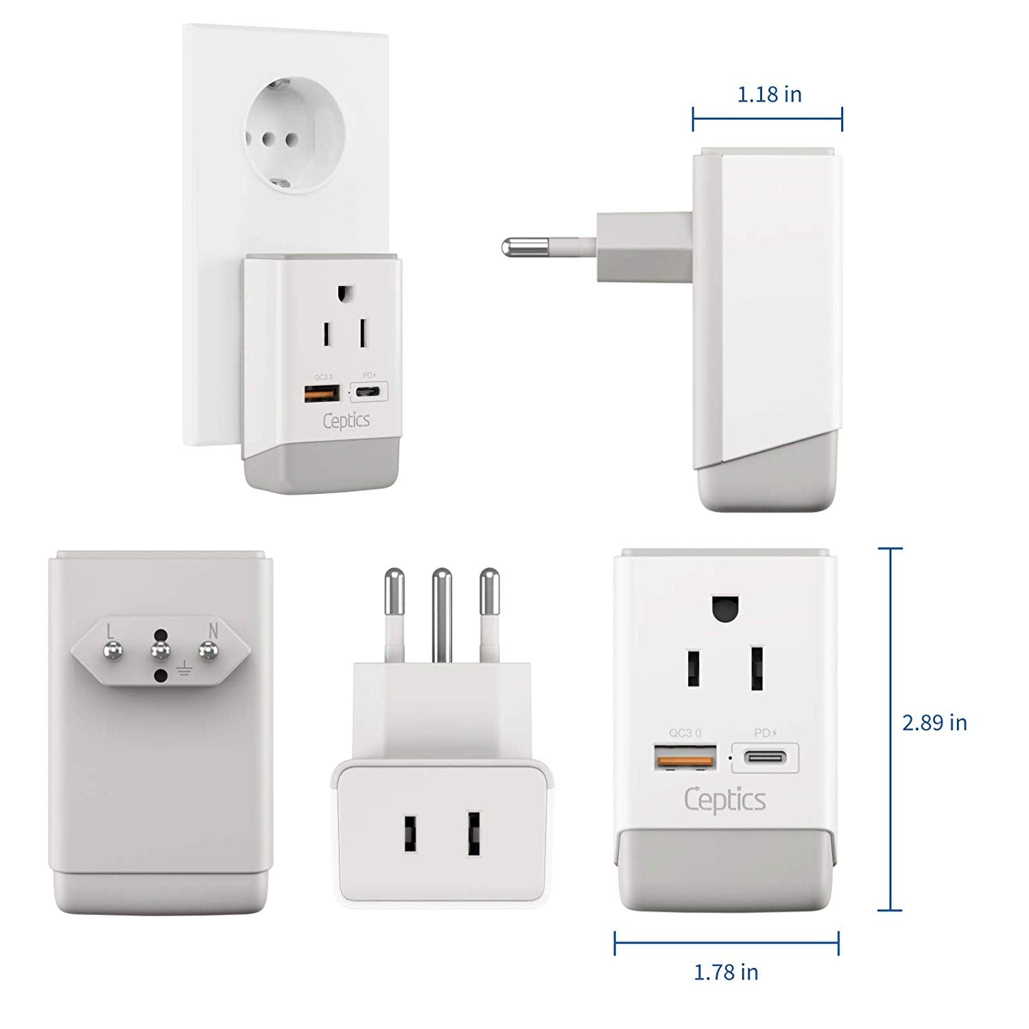 Italy, Chile Travel Adapter | Type L - USB-A & USB-C Ports + 2 USA Outlet (AP-12)