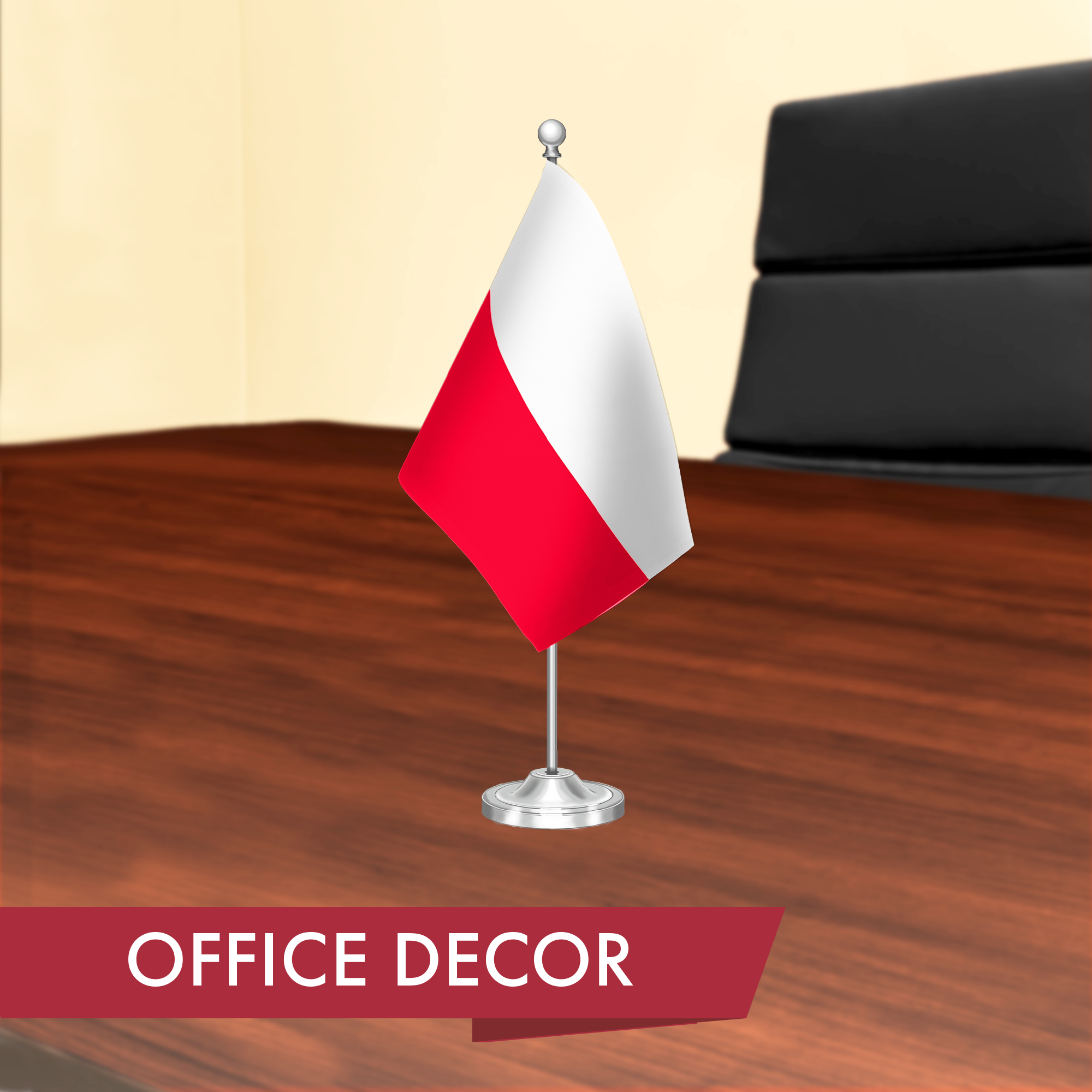 G128 Poland Polish Deluxe Desk Flag Set | 8.5x5.5 In | Printed 300D Polyester, with Silver Dome and Base, 15" Metal Pole, Decorations For Office, Home and Festival Events Celebration