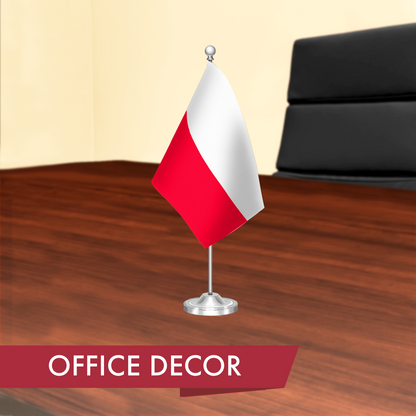 G128 Poland Polish Deluxe Desk Flag Set | 8.5x5.5 In | Printed 300D Polyester, with Silver Dome and Base, 15" Metal Pole, Decorations For Office, Home and Festival Events Celebration