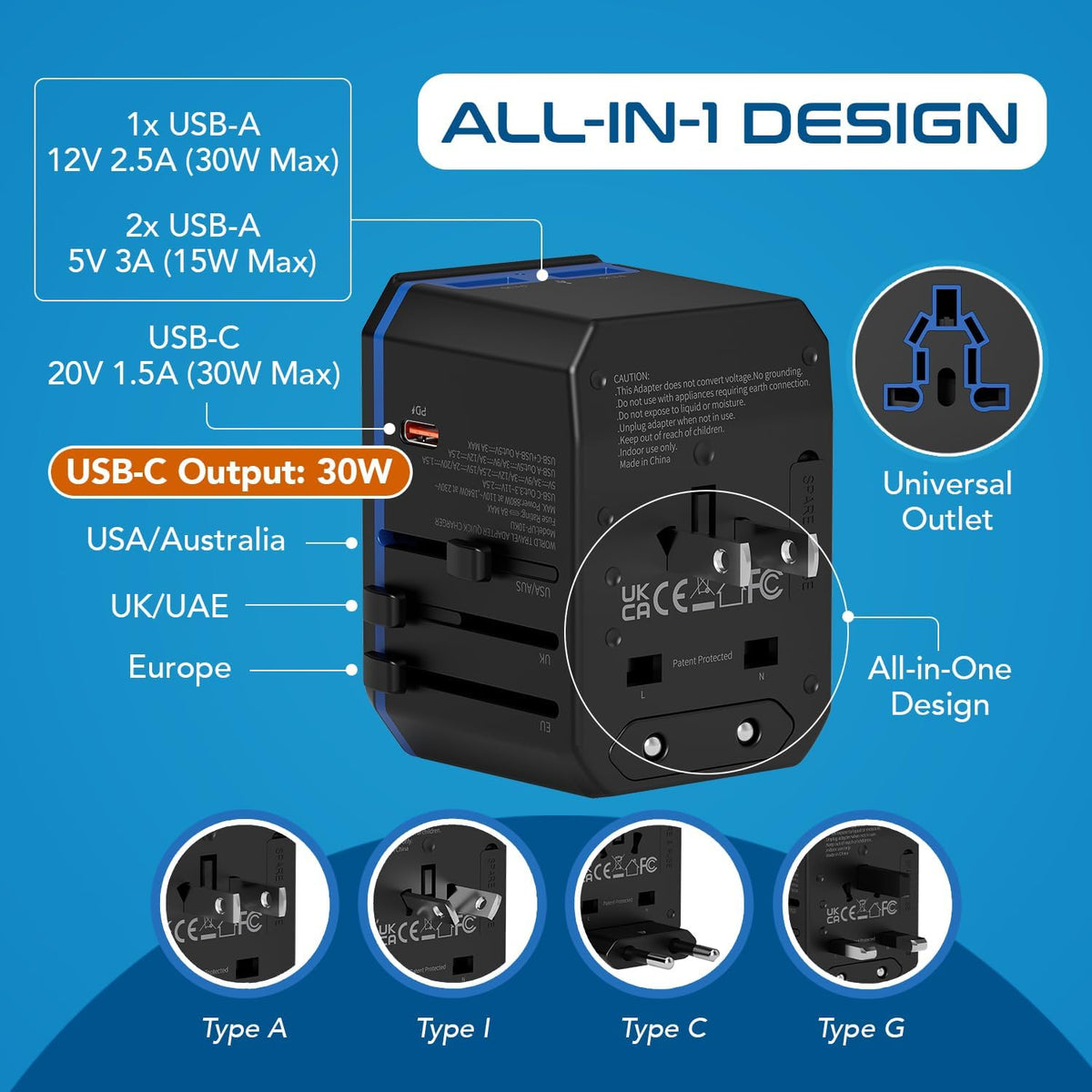All-In-One International Travel Plug Adapter - USB C (PD-QC) - 2 USB Ports (UP-10KU)