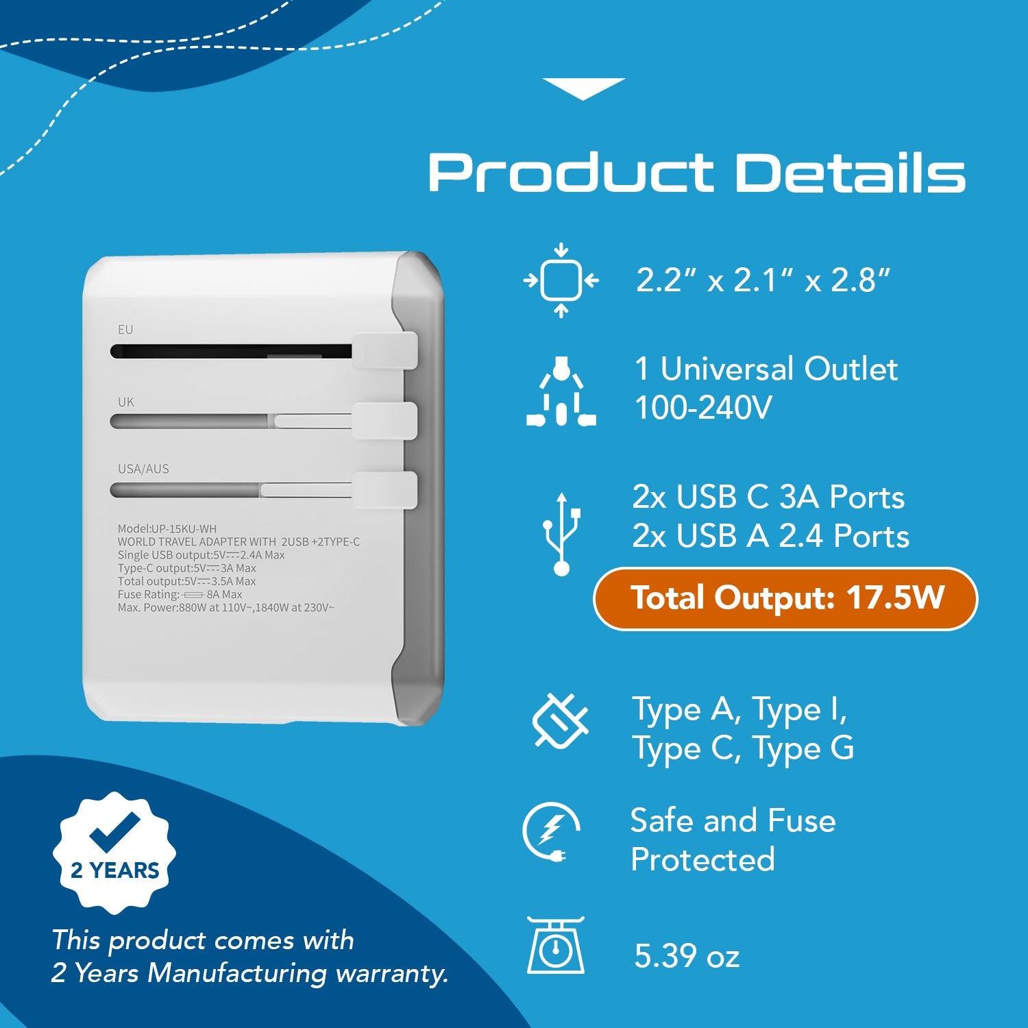 All-In-One International Travel Adapter - 5 in 1 - 2 USB-A & 2 USB-C - Max. 17.5W (3.5A) - White (UP-15KU-WH)