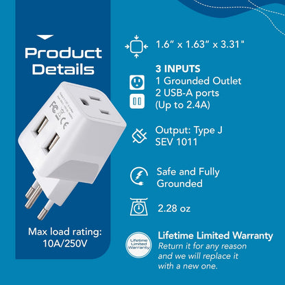 Switzerland Travel Adapter Plug Combo - Type J, C | Dual USB – Swiss Combo (CTU-9C-11A)