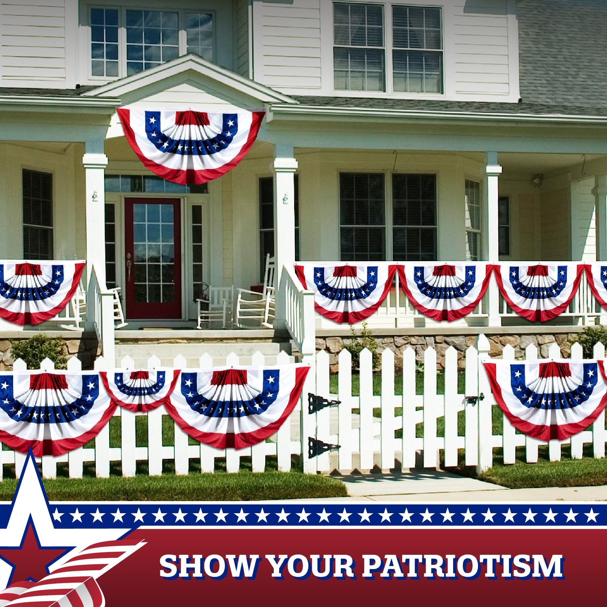 USA Pleated Fan Flag, 5x10 Feet American USA Bunting Decoration Flags Embroidered Patriotic Stars & Sewn Stripes Canvas Header Brass Grommets