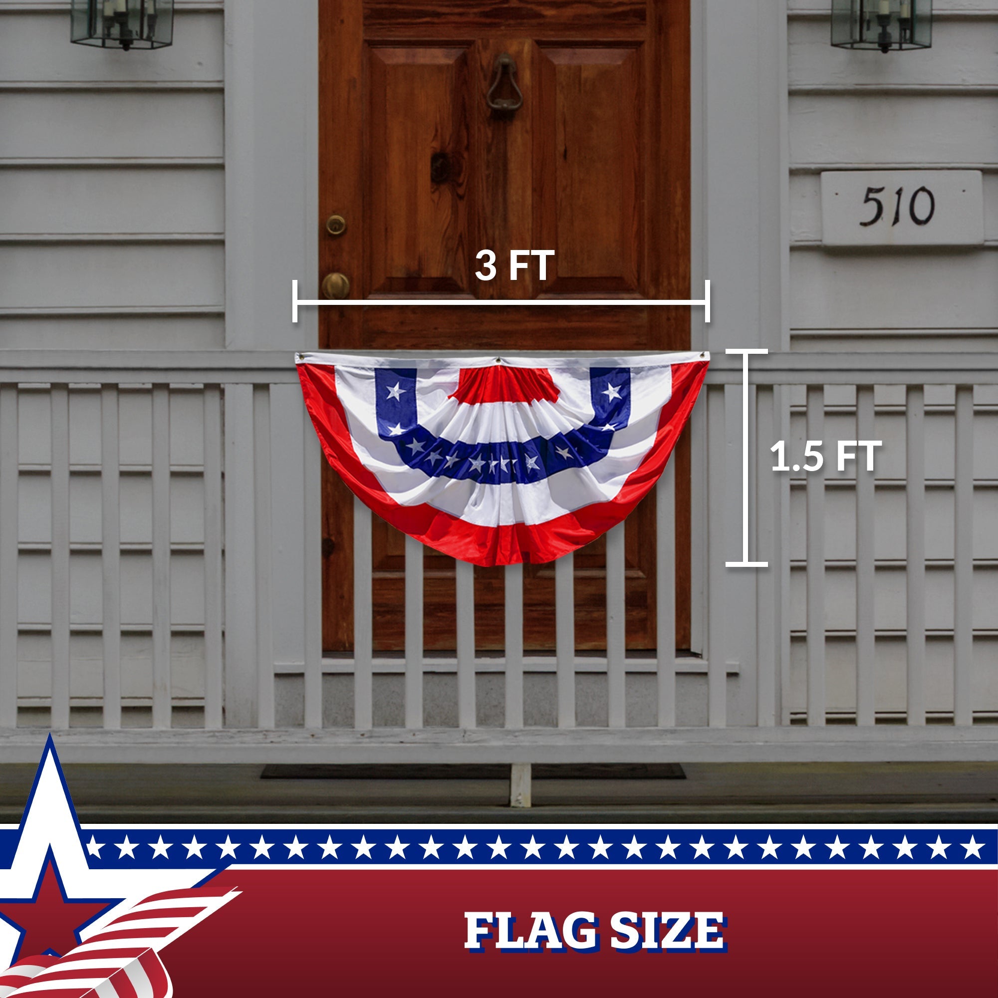 G128 USA Pleated Fan Flag 1.5x3 Feet American USA Bunting Decoration Flags EMBROIDERED Patriotic Stars & Sewn Stripes Canvas Header and Brass Grommets