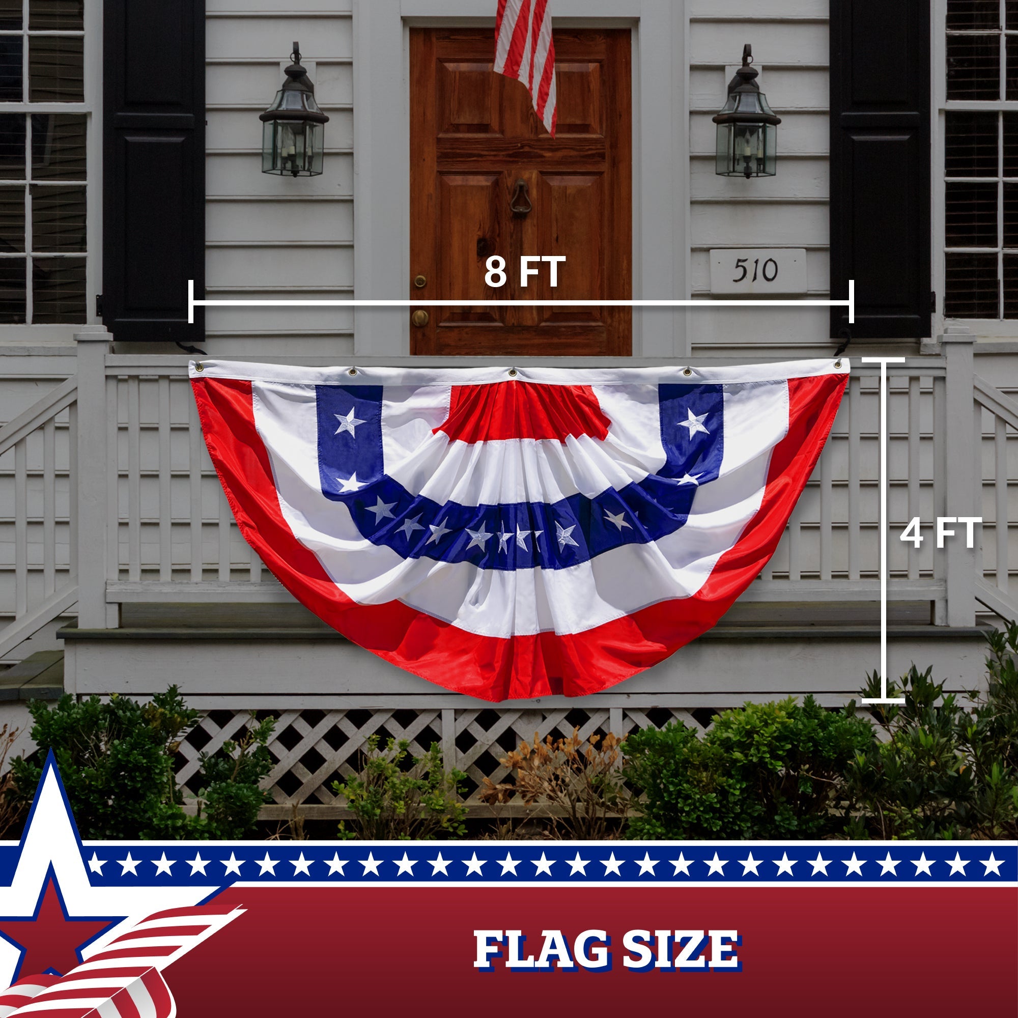 USA Pleated Fan Flag, 4x8 Feet American USA Bunting Decoration Flags Embroidered Patriotic Stars & Sewn Stripes Canvas Header Brass Grommets