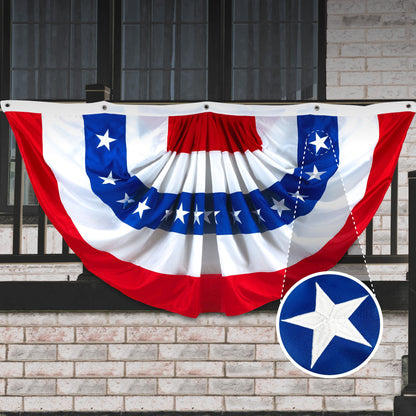 USA Pleated Fan Flag, 5x10 Feet American USA Bunting Decoration Flags Embroidered Patriotic Stars & Sewn Stripes Canvas Header Brass Grommets