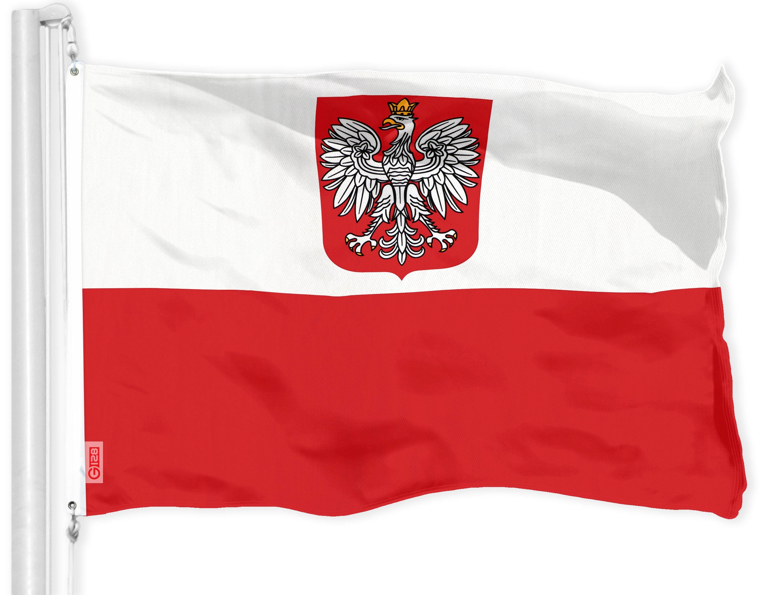 G128 Poland ENSIGN Flag | 3x5 feet | Printed 150D, Indoor/Outdoor, Vibrant Colors, Brass Grommets, Quality Polyester, Much Thicker More Durable Than 100D 75D Polyester