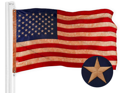G128 American USA Tea-Stained Flag | 5x8 Ft | ToughWeave Pro Series Embroidered 420D Polyester | Embroidered Stars