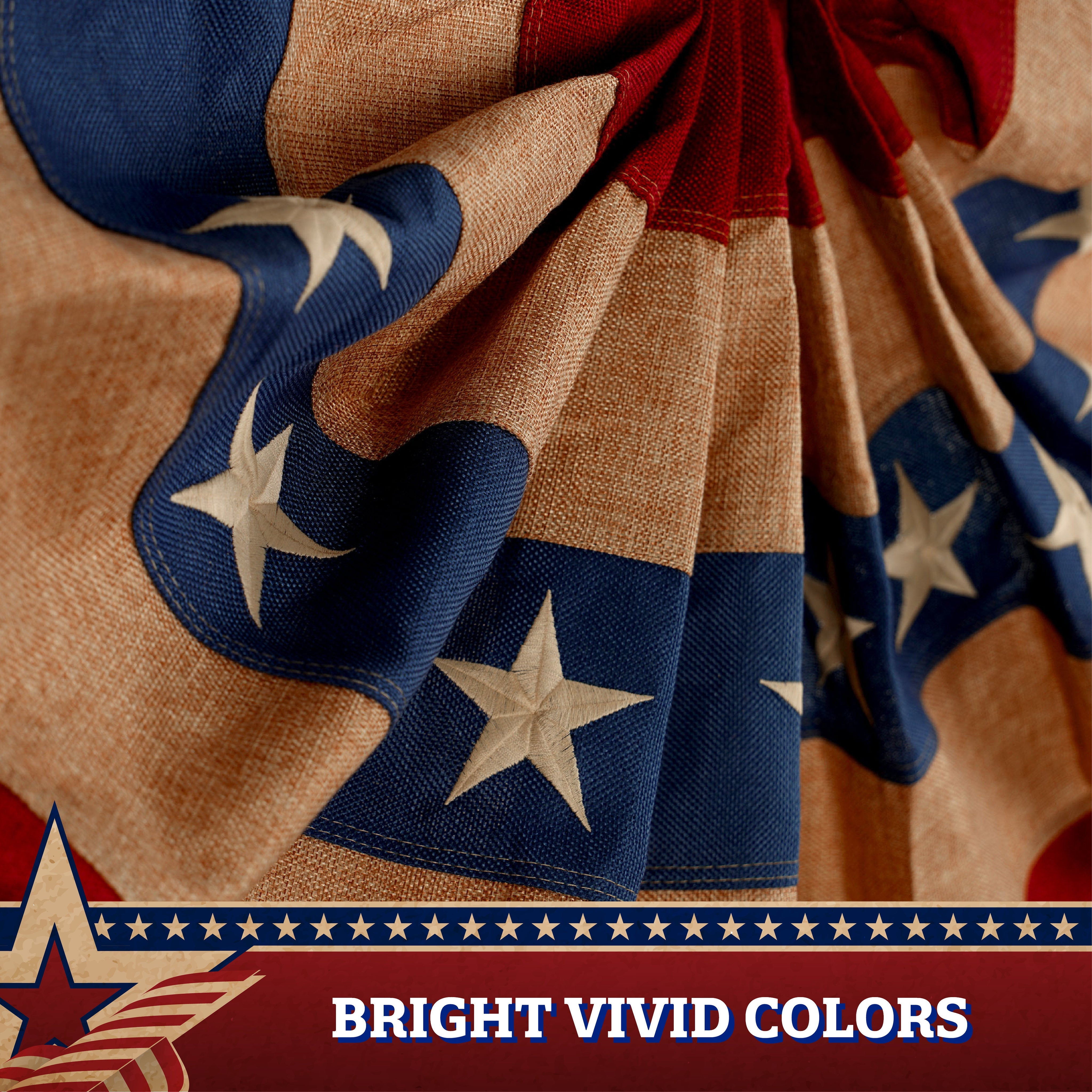 G128 USA Tea Stained Pleated Fan Flag 1.5x3FT Burlap Embroidered Polyester Stars and Stripes