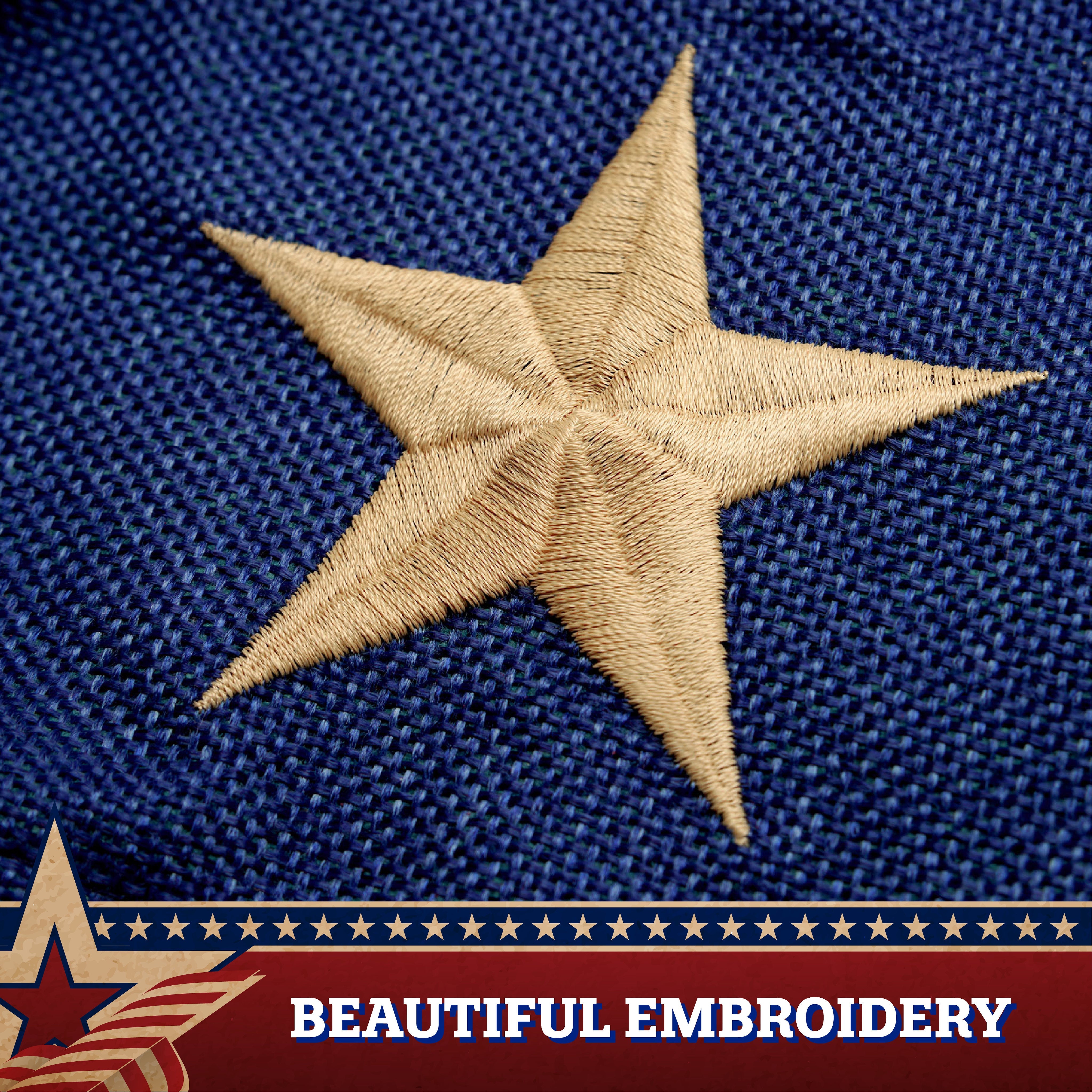 G128 USA Tea Stained Pleated Fan Flag 1.5x3FT Burlap Embroidered Polyester Stars and Stripes