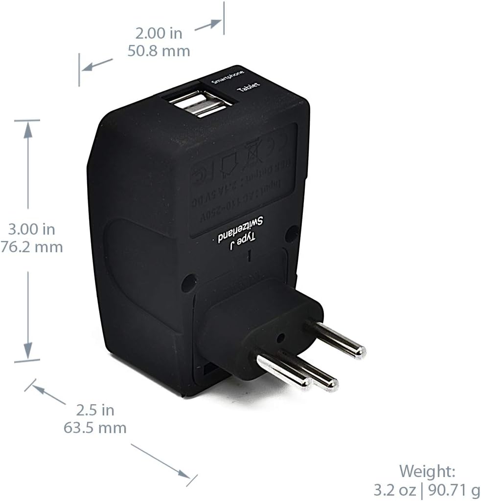 Switzerland Travel Adapter - Type J - 4 in 1 - 2 USB Ports (GP4-11A)