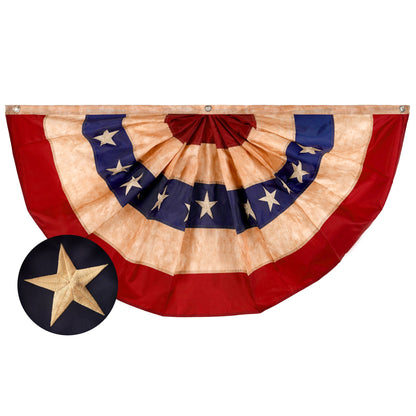 G128 USA Tea Stained Pleated Fan Flag 1.5x3FT Embroidered Polyester Stars and Stripes