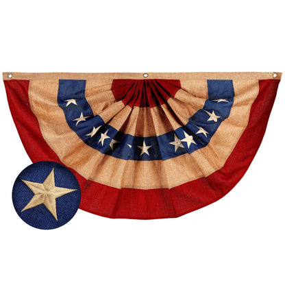G128 USA Tea Stained Pleated Fan Flag 1.5x3FT Burlap Embroidered Polyester Stars and Stripes