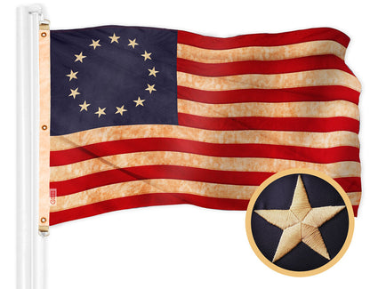 G128 Betsy Ross Tea-Stained Flag | 5x8 Ft | Embroidered 420D Polyester - Embroidered Stars, Sewn Stripes, Brass Grommets, Indoor/Outdoor, Vibrant Colors, Quality Polyester
