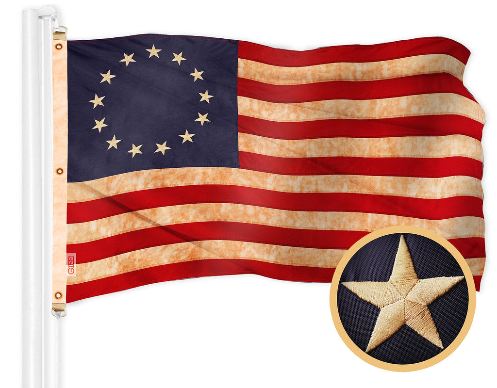 G128 Betsy Ross Tea-Stained Flag | 6x10 Ft | Embroidered 420D Polyester - Embroidered Stars, Sewn Stripes, Brass Grommets, Indoor/Outdoor, Vibrant Colors, Quality Polyester
