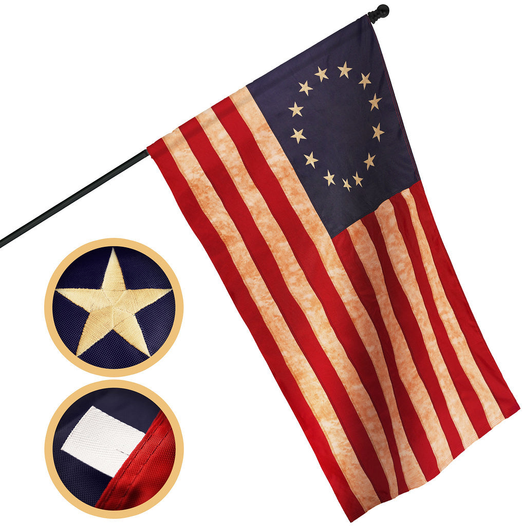 G128 Betsy Ross Tea-Stained Flag | 1x1.5 Ft | Pole Sleeve Embroidered 420D Polyester - Embroidered Stars, Sewn Stripes, Brass Grommets, Indoor/Outdoor, Vibrant Colors, Quality Polyester