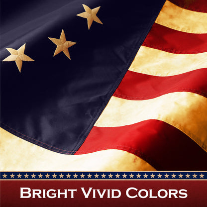 G128 Betsy Ross Tea-Stained Flag | 1x1.5 Ft | Pole Sleeve Embroidered 420D Polyester - Embroidered Stars, Sewn Stripes, Brass Grommets, Indoor/Outdoor, Vibrant Colors, Quality Polyester