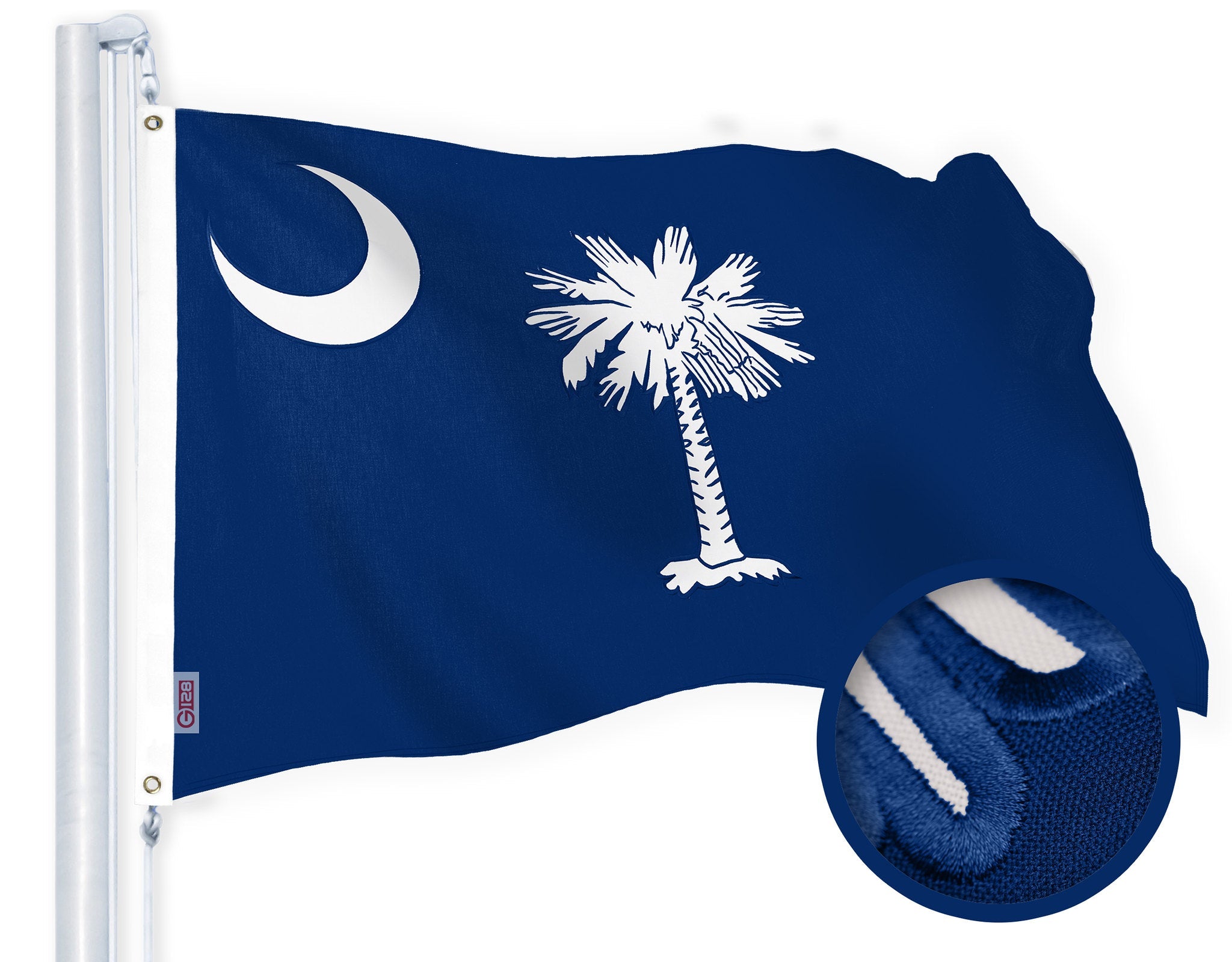 G128 South Carolina State Flag | 1x1.5 Ft | StormFlyer Series Embroidered 220GSM Spun Polyester | Embroidered Design, Indoor/Outdoor, Brass Grommets, Heavy Duty, All Weather