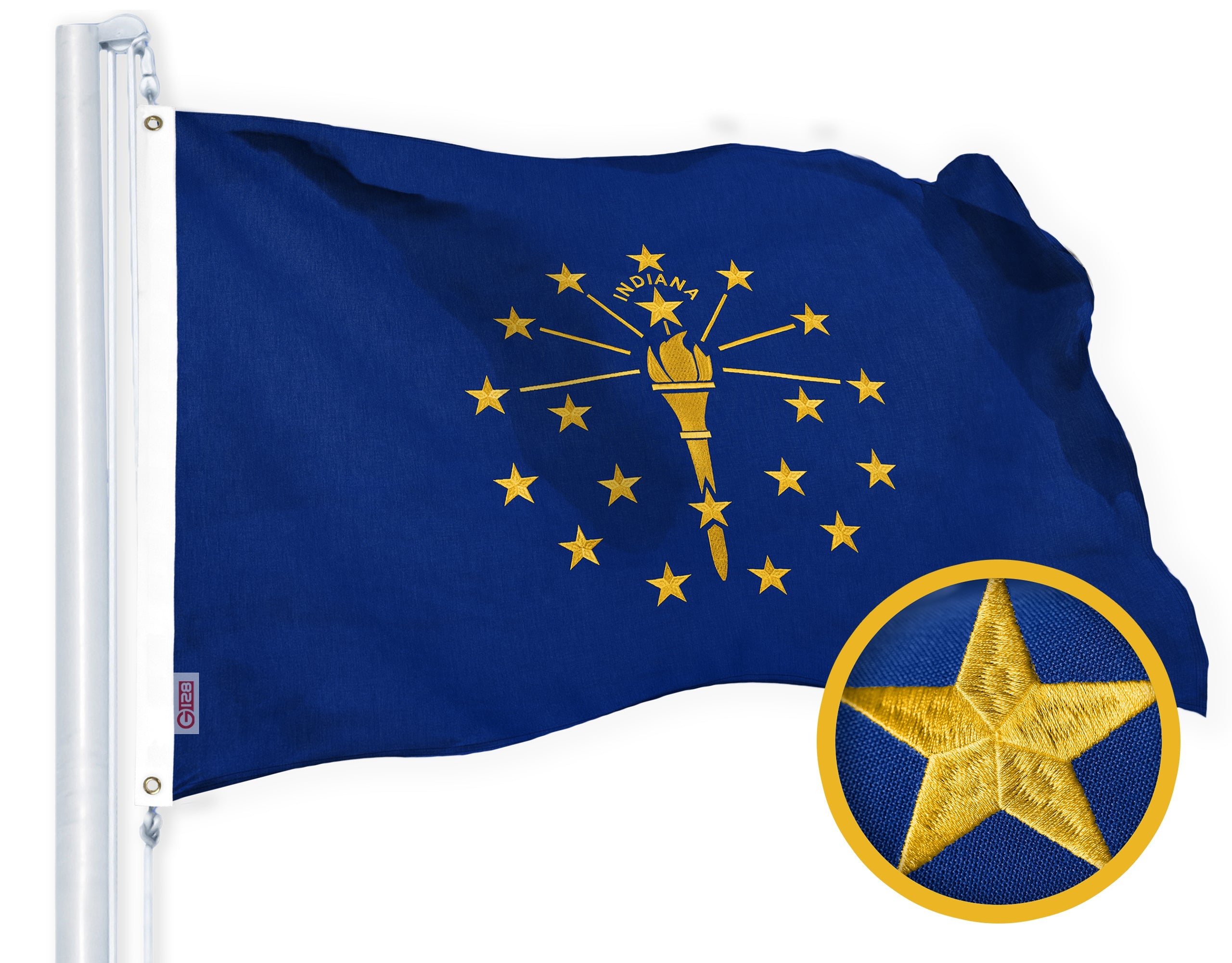 G128 Indiana State Flag | 2.5x4 Ft | StormFlyer Series Embroidered 220GSM Spun Polyester | Embroidered Design, Indoor/Outdoor, Brass Grommets, Heavy Duty, All Weather