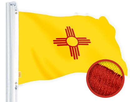 G128 New Mexico NM State Flag | 3x5 Ft | Embroidered 220GSM SPUN POLYESTER - Embroidered Stars, Sewn Stripes, Brass Grommets, Indoor/Outdoor, Vibrant Colors, Heavy Duty SPUN POLYESTER