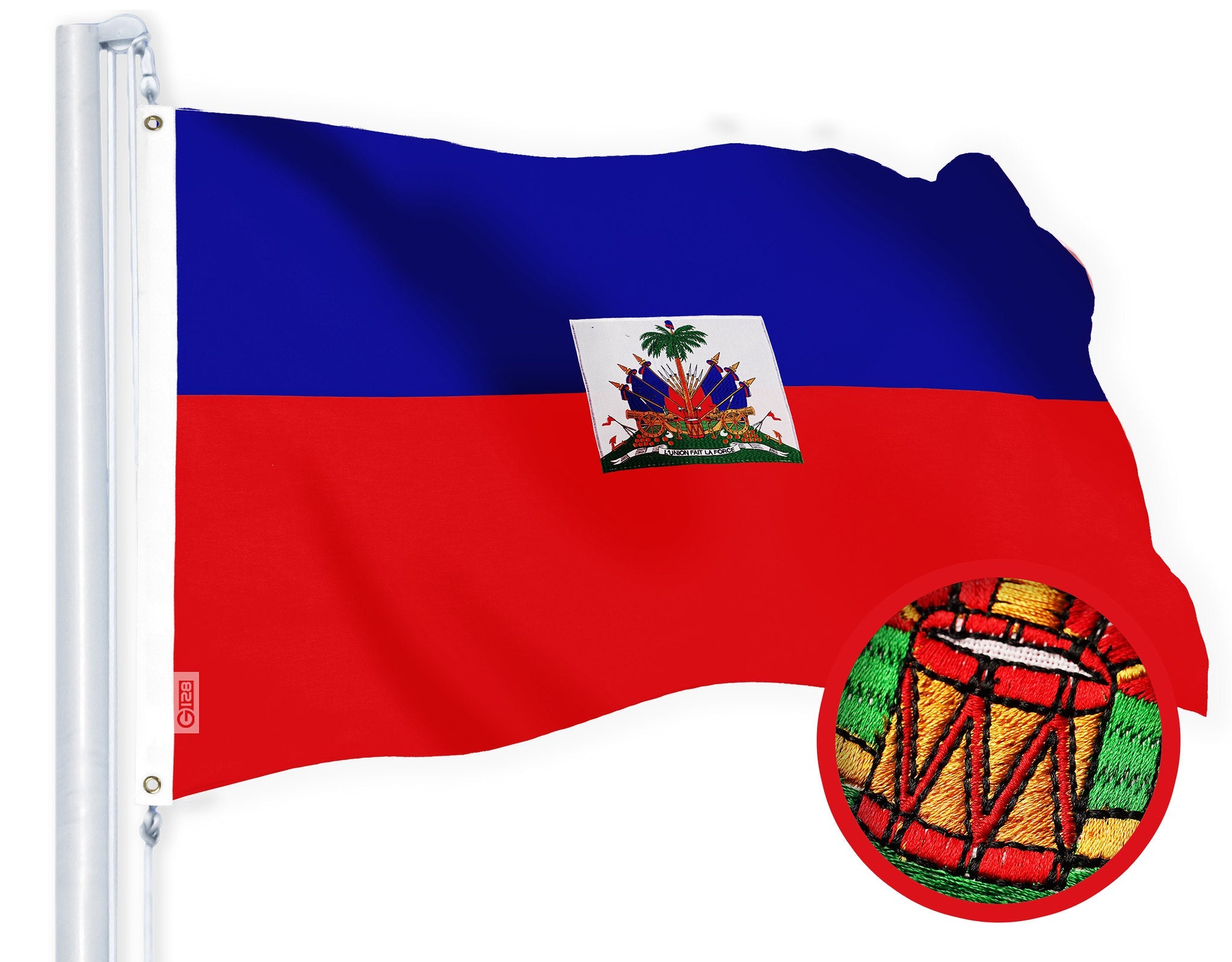 G128 Haiti Haitian Flag | 4x6 Ft | StormFlyer Series Embroidered 220GSM Spun Polyester | Country Flag, Embroidered Design, Indoor/Outdoor, Brass Grommets, Heavy Duty, All Weather