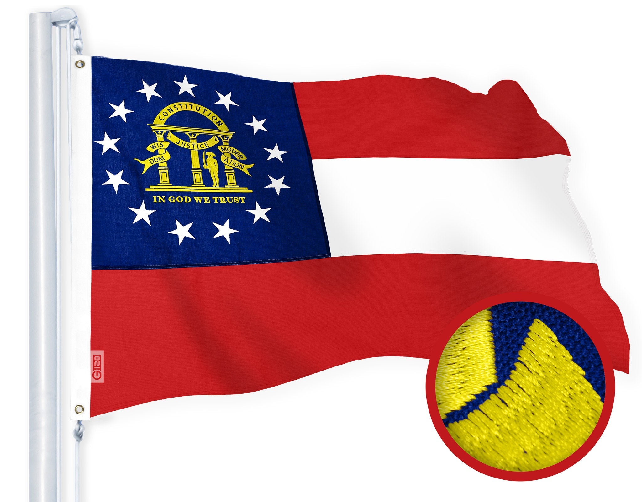 G128 Georgia State Flag | 3x5 Ft | StormFlyer Series Embroidered 220GSM Spun Polyester | Embroidered Design, Indoor/Outdoor, Brass Grommets, Heavy Duty, All Weather