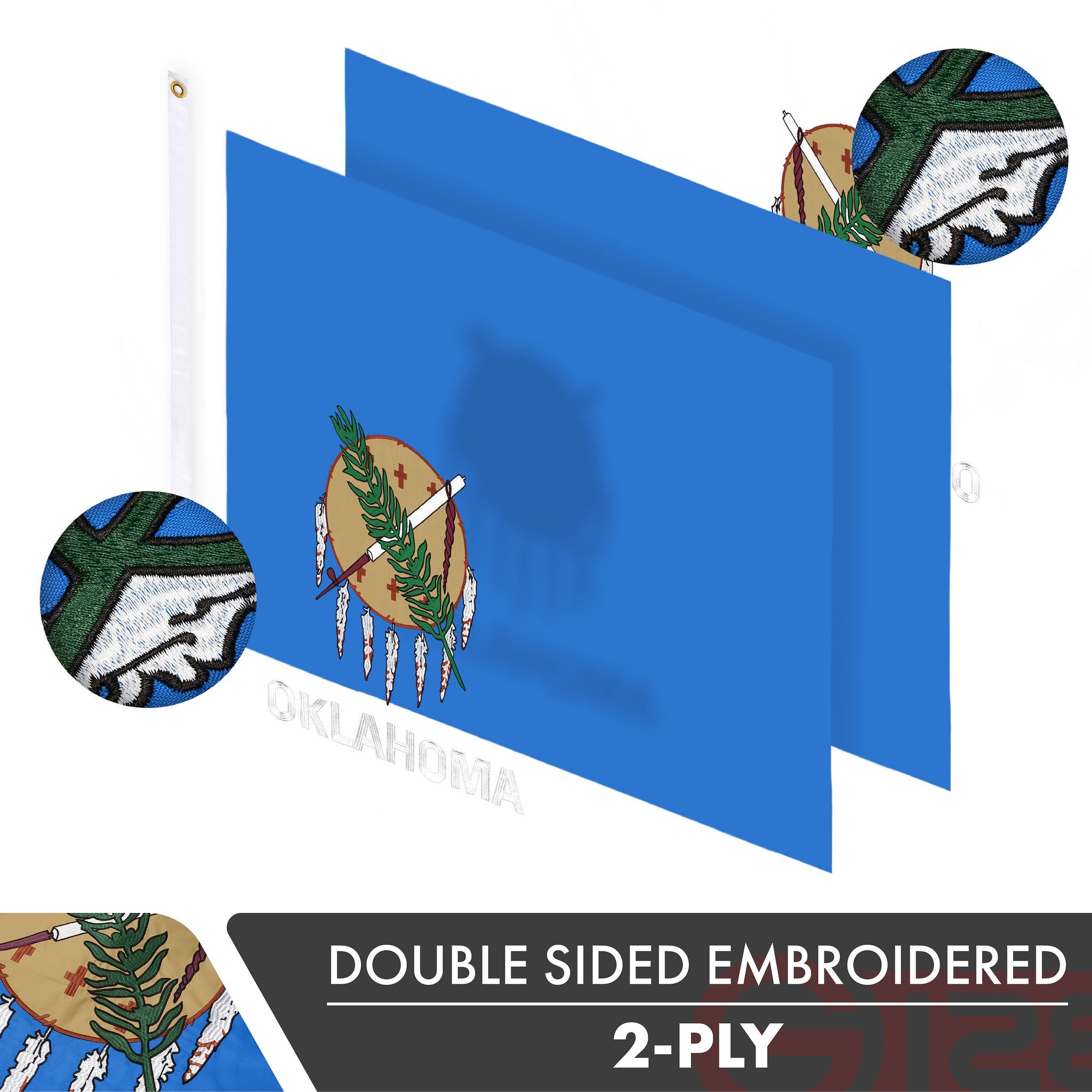 G128 Oklahoma State Flag | 3x5 Ft | Double ToughWeave Series Double Sided Embroidered 210D Polyester | Embroidered Design, Indoor/Outdoor, Brass Grommets, Heavy Duty, 2-ply