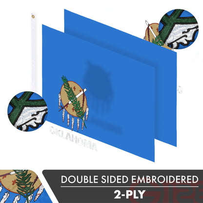 G128 Oklahoma State Flag | 3x5 Ft | Double ToughWeave Series Double Sided Embroidered 210D Polyester | Embroidered Design, Indoor/Outdoor, Brass Grommets, Heavy Duty, 2-ply