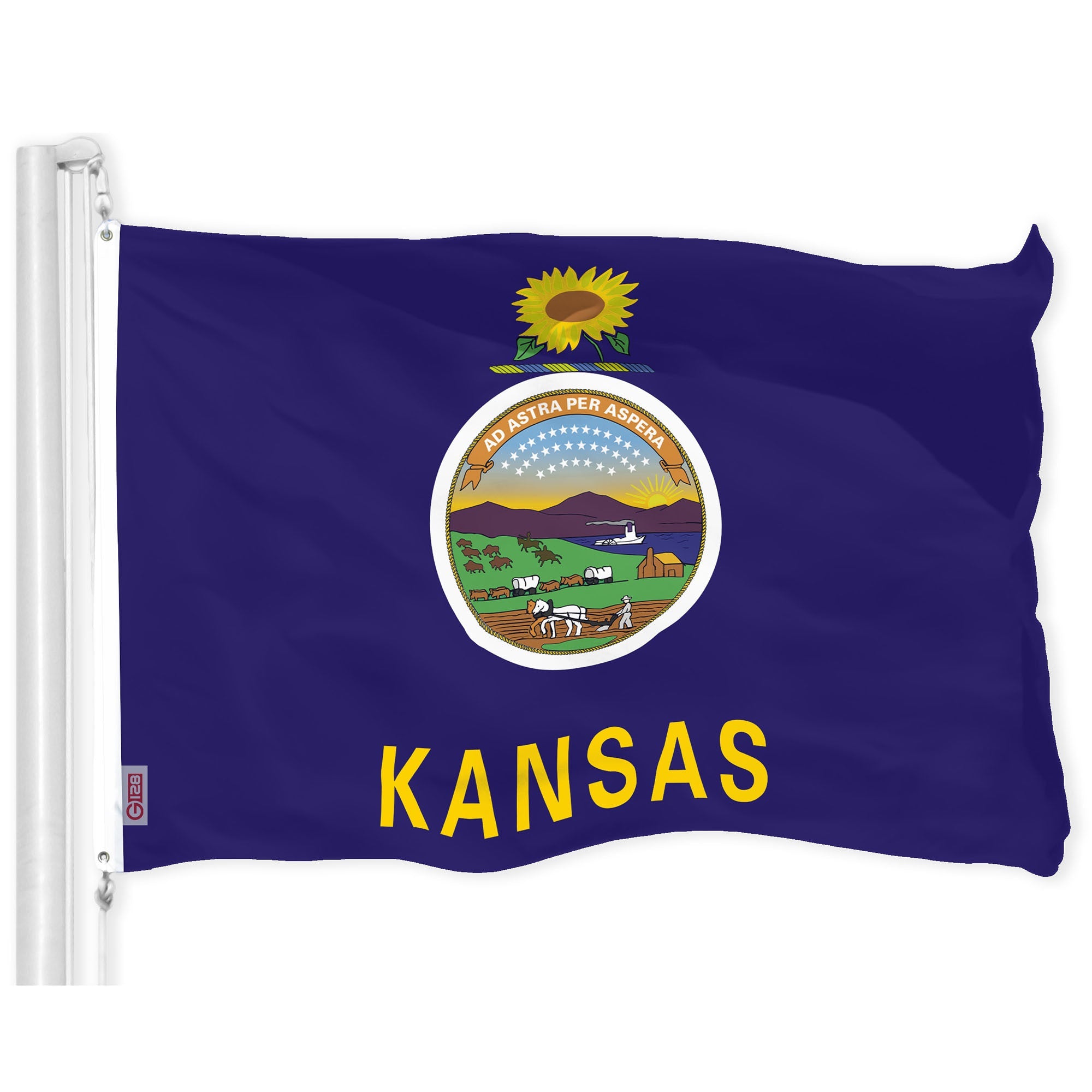 G128 Kansas KS State Flag | 3x5 Ft | LiteWeave Pro Series Printed 300D Polyester | Indoor/Outdoor, Vibrant Colors, Brass Grommets, Thicker and More Durable Than 100D 75D Polyester