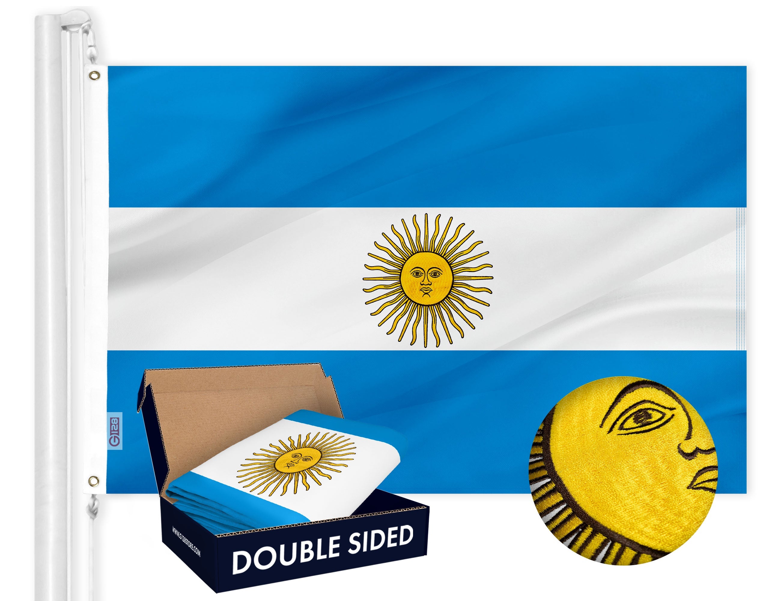 Argentina (Argentinian) Flag | 3x5 feet | Double Sided Embroidered 210D “ Indoor/Outdoor, Brass Grommets, Heavy Duty Polyester