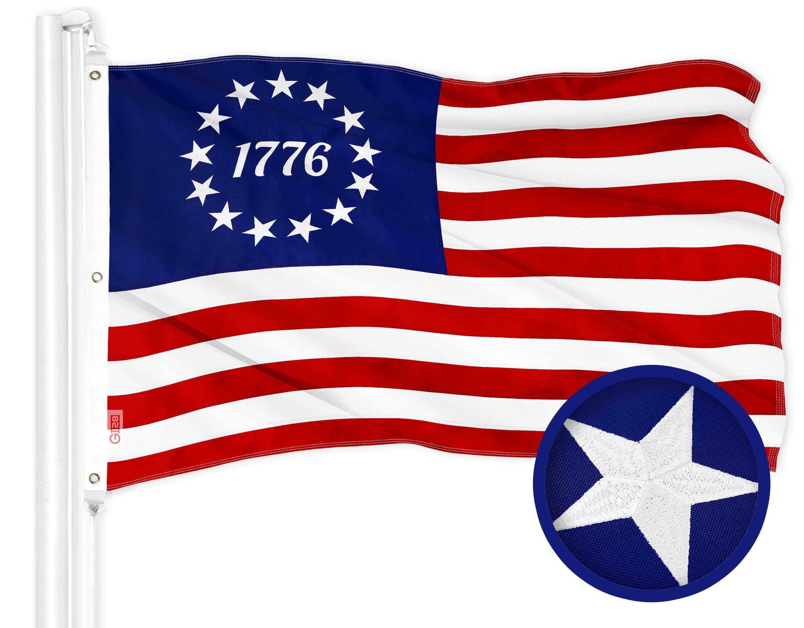G128 Betsy Ross 1776 Flag | 6x10 Ft | ToughWeave Series Embroidered 300D Polyester | Historical Flag, Embroidered Design, Indoor/Outdoor, Brass Grommets