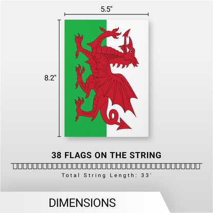 G128 Wales Welsh Bunting Banner | Flag 8.2 x 5.5 Inch, Full String 33 Feet | Printed 150D Polyester, Decorations For Bar, School, Festival Events Celebration