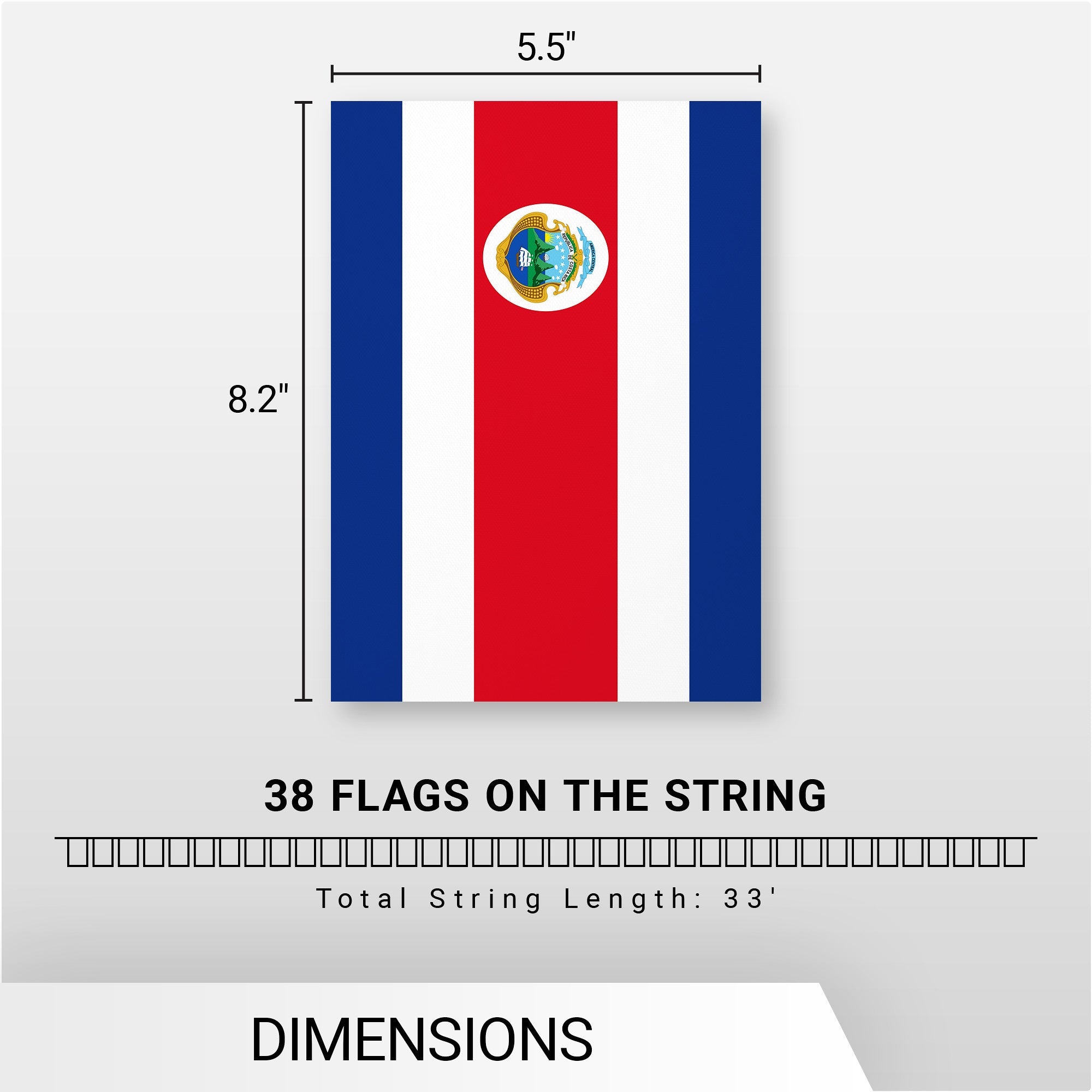 G128 Costa Rica Costa Rican Bunting Banner | Flag 8.2 x 5.5 Inch, Full String 33 Feet | Printed 150D Polyester, Decorations For Bar, School, Festival Events Celebration