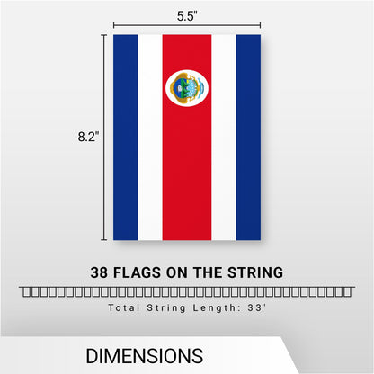 G128 Costa Rica Costa Rican Bunting Banner | Flag 8.2 x 5.5 Inch, Full String 33 Feet | Printed 150D Polyester, Decorations For Bar, School, Festival Events Celebration
