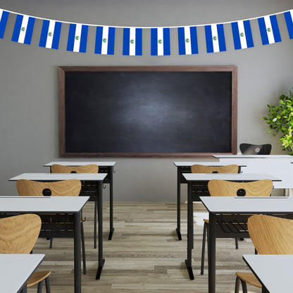 G128 El Salvador Salvadoran Bunting Banner | Flag 8.2 x 5.5 Inch, Full String 33 Feet | Printed 150D Polyester, Decorations For Bar, School, Festival Events Celebration