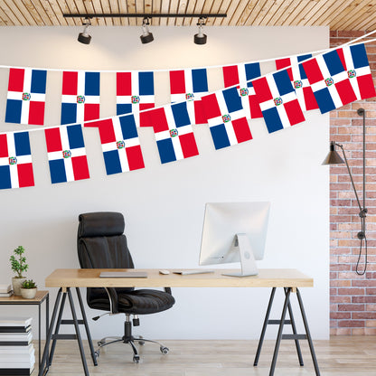 G128 Dominican Republic Bunting Banner | Flag 8.2 x 5.5 Inch, Full String 33 Feet | Printed 150D Polyester, Decorations For Bar, School, Festival Events Celebration