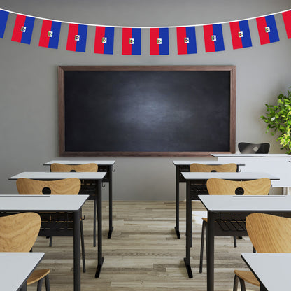 G128 Haiti Haitian Bunting Banner | Flag 8.2 x 5.5 Inch, Full String 33 Feet | Printed 150D Polyester, Decorations For Bar, School, Festival Events Celebration