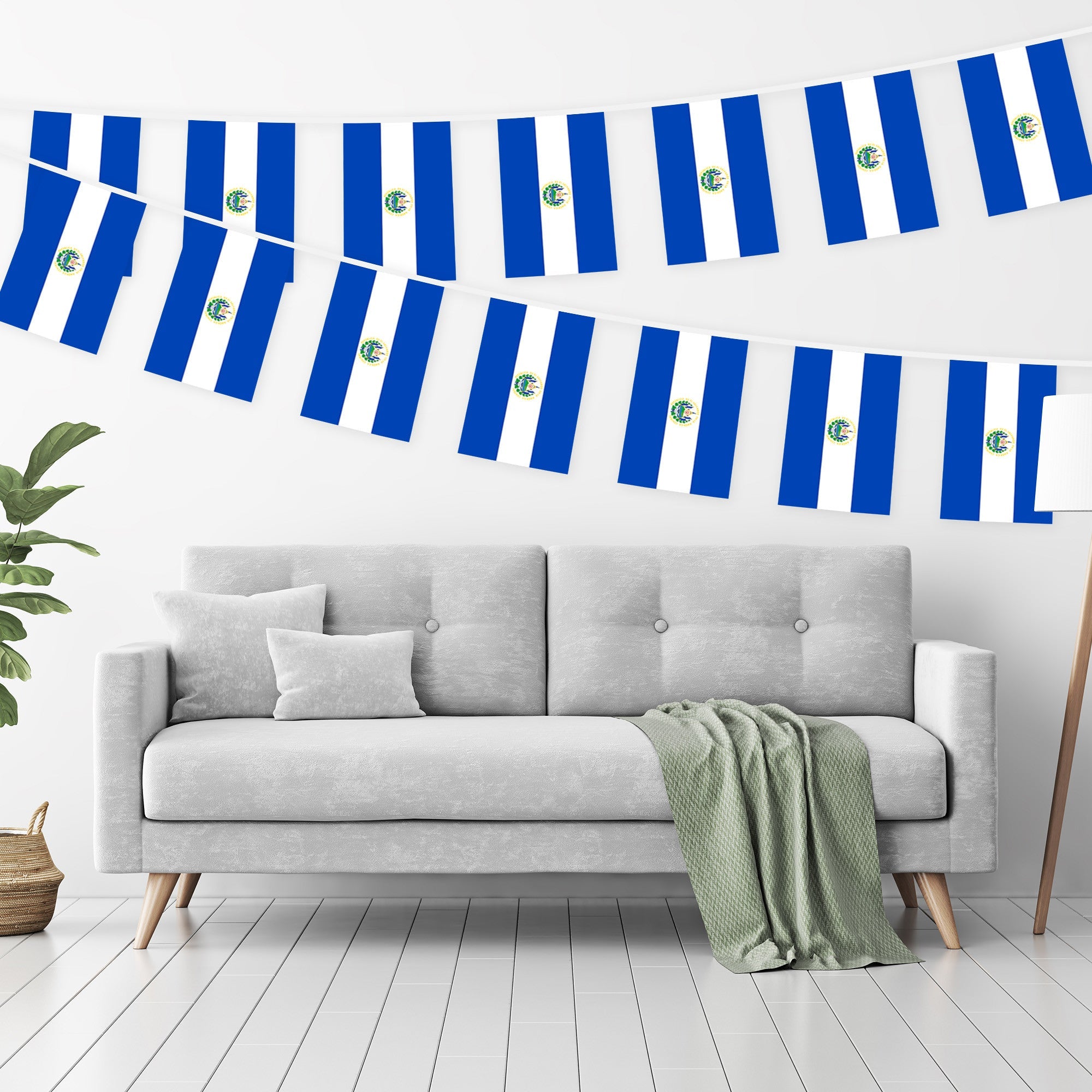 G128 El Salvador Salvadoran Bunting Banner | Flag 8.2 x 5.5 Inch, Full String 33 Feet | Printed 150D Polyester, Decorations For Bar, School, Festival Events Celebration