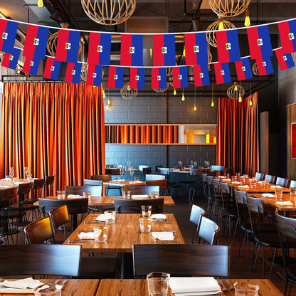 G128 Haiti Haitian Bunting Banner | Flag 8.2 x 5.5 Inch, Full String 33 Feet | Printed 150D Polyester, Decorations For Bar, School, Festival Events Celebration