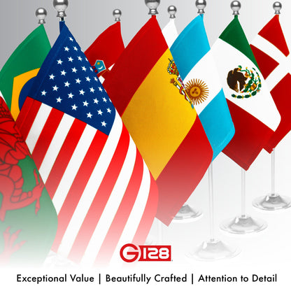 G128 Wales Welsh Deluxe Desk Flag Set | 8.5x5.5 In | Printed 300D Polyester, with Silver Dome and Base, 15" Metal Pole, Decorations For Office, Home and Festival Events Celebration