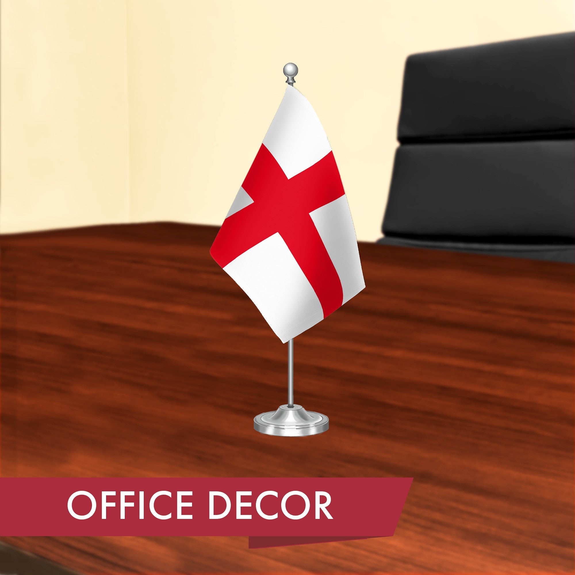 G128 England English Deluxe Desk Flag Set | 8.5x5.5 In | Printed 300D Polyester, with Silver Dome and Base, 15" Metal Pole, Decorations For Office, Home and Festival Events Celebration