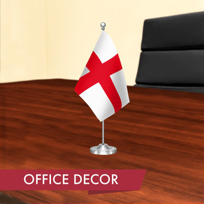 G128 England English Deluxe Desk Flag Set | 8.5x5.5 In | Printed 300D Polyester, with Silver Dome and Base, 15" Metal Pole, Decorations For Office, Home and Festival Events Celebration