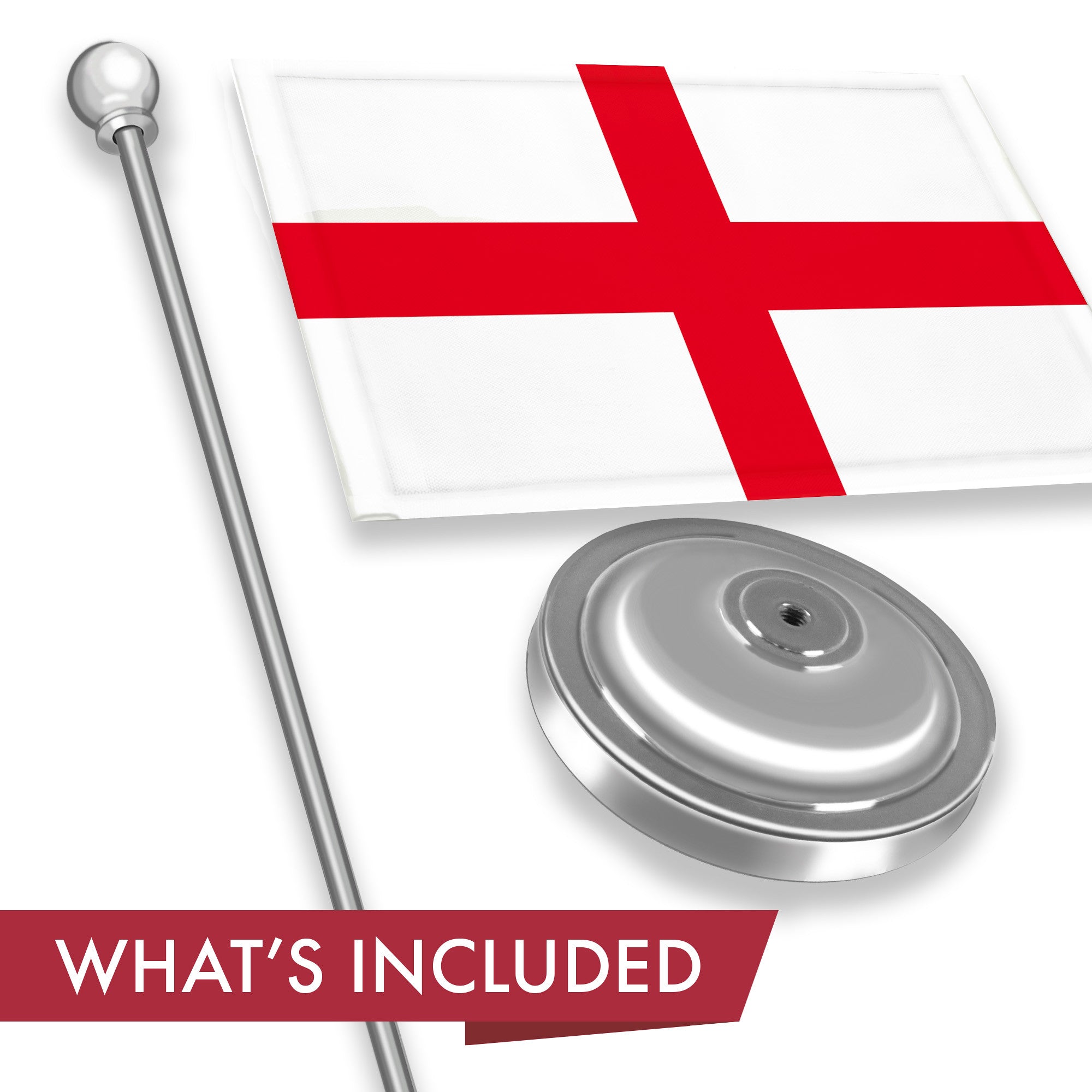 G128 England English Deluxe Desk Flag Set | 8.5x5.5 In | Printed 300D Polyester, with Silver Dome and Base, 15" Metal Pole, Decorations For Office, Home and Festival Events Celebration