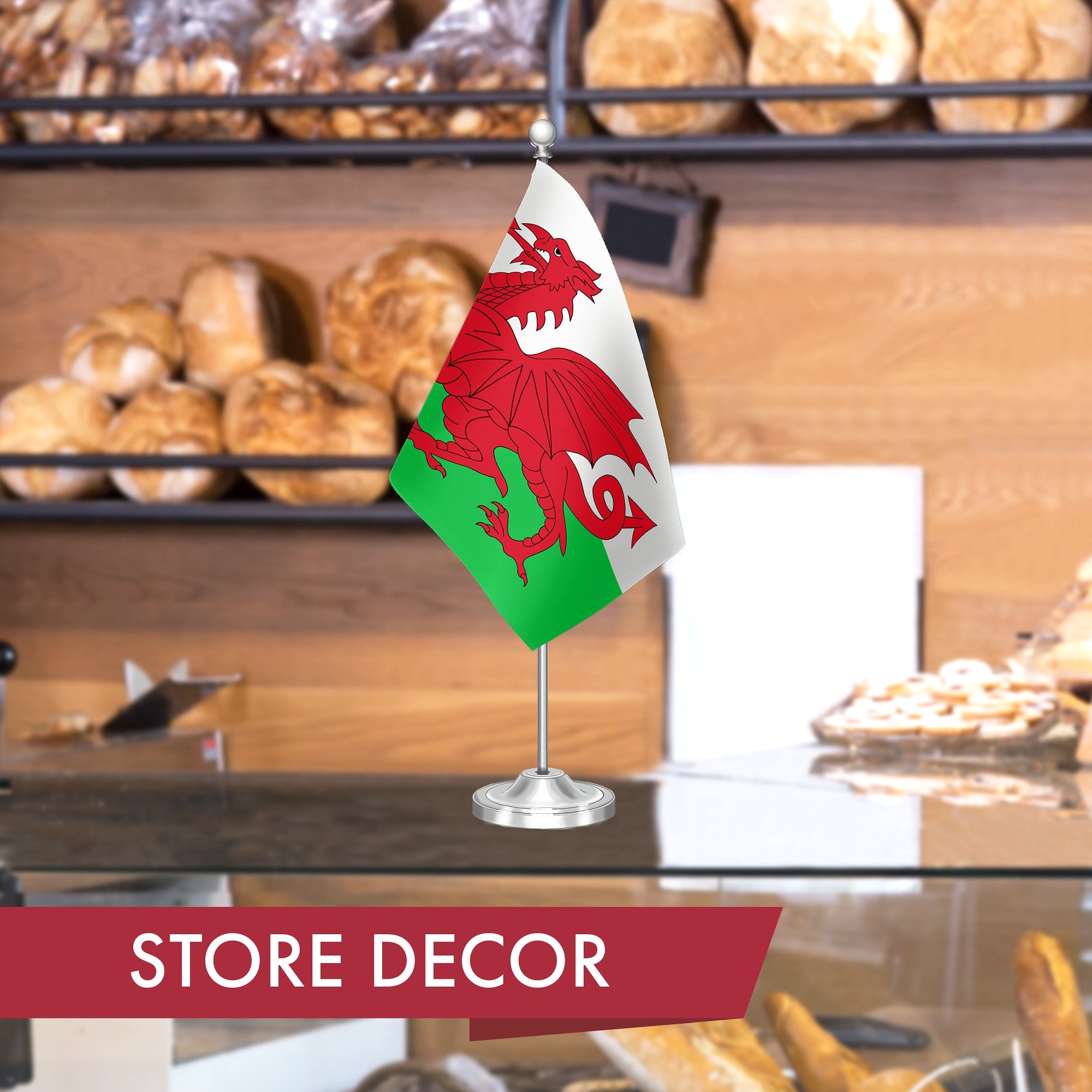 G128 Wales Welsh Deluxe Desk Flag Set | 8.5x5.5 In | Printed 300D Polyester, with Silver Dome and Base, 15" Metal Pole, Decorations For Office, Home and Festival Events Celebration