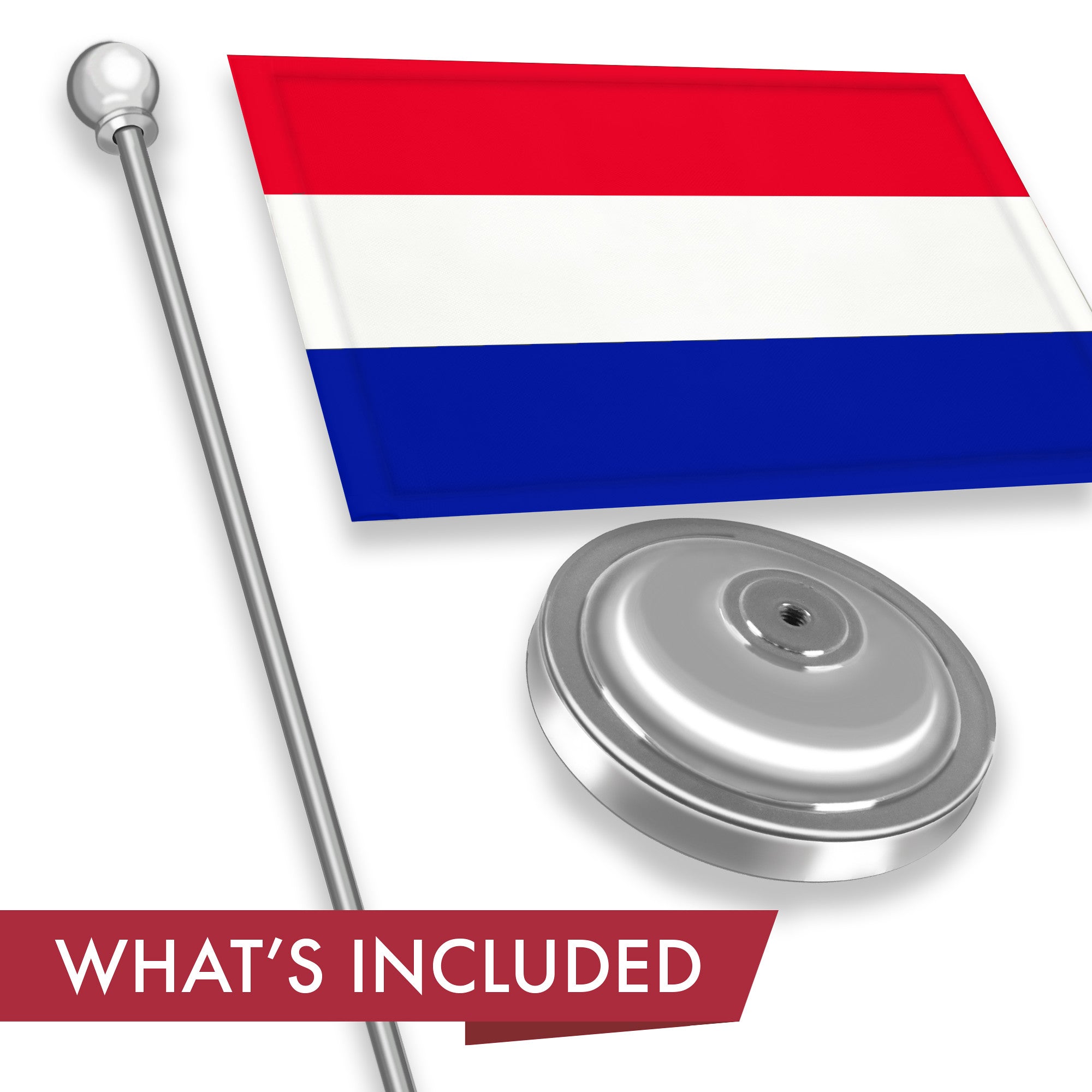 G128 Netherlands Dutch Deluxe Desk Flag Set | 8.5x5.5 In | Printed 300D Polyester, with Silver Dome and Base, 15" Metal Pole, Decorations For Office, Home and Festival Events Celebration