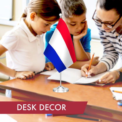 G128 Netherlands Dutch Deluxe Desk Flag Set | 8.5x5.5 In | Printed 300D Polyester, with Silver Dome and Base, 15" Metal Pole, Decorations For Office, Home and Festival Events Celebration