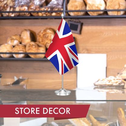 G128 United Kingdom UK Deluxe Desk Flag Set | 8.5x5.5 In | Printed 300D Polyester, with Silver Dome and Base, 15" Metal Pole, Decorations For Office, Home and Festival Events Celebration
