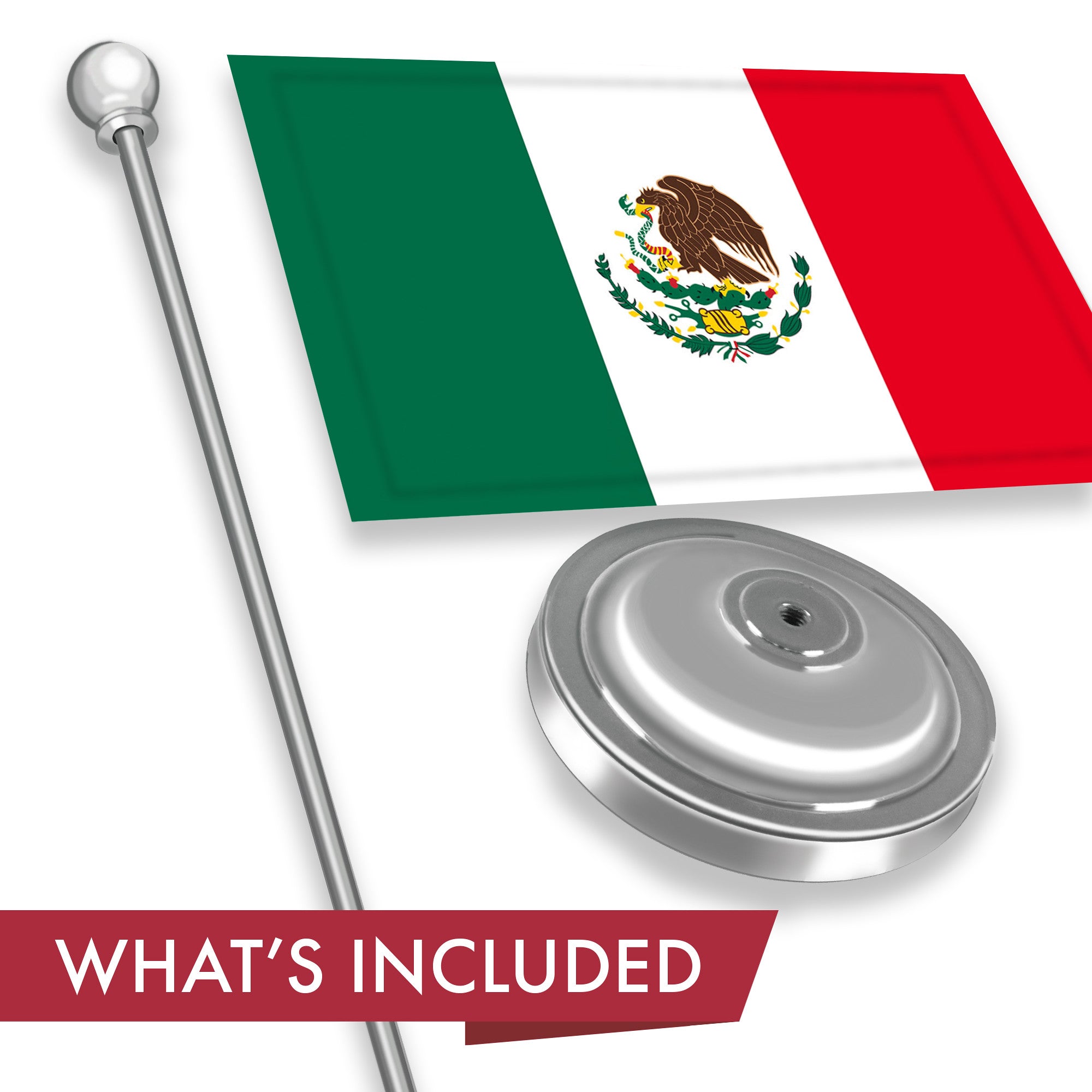 G128 Mexico Mexican Deluxe Desk Flag Set | 8.5x5.5 In | Printed 300D Polyester, with Silver Dome and Base, 15" Metal Pole, Decorations For Office, Home and Festival Events Celebration